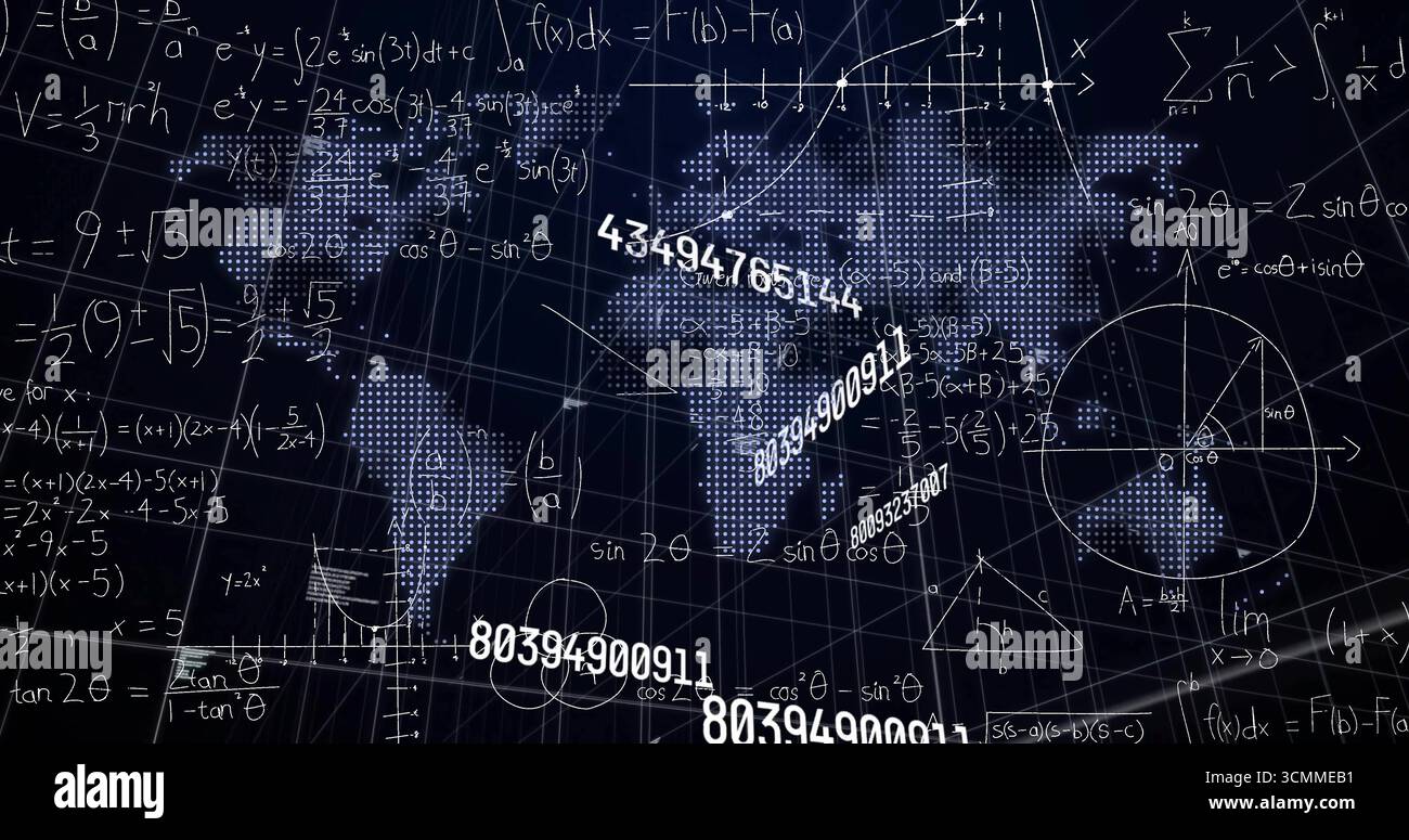Displaying dotted world map overlaying 3D grid in data space, with math formulas and numbers Stock Photo