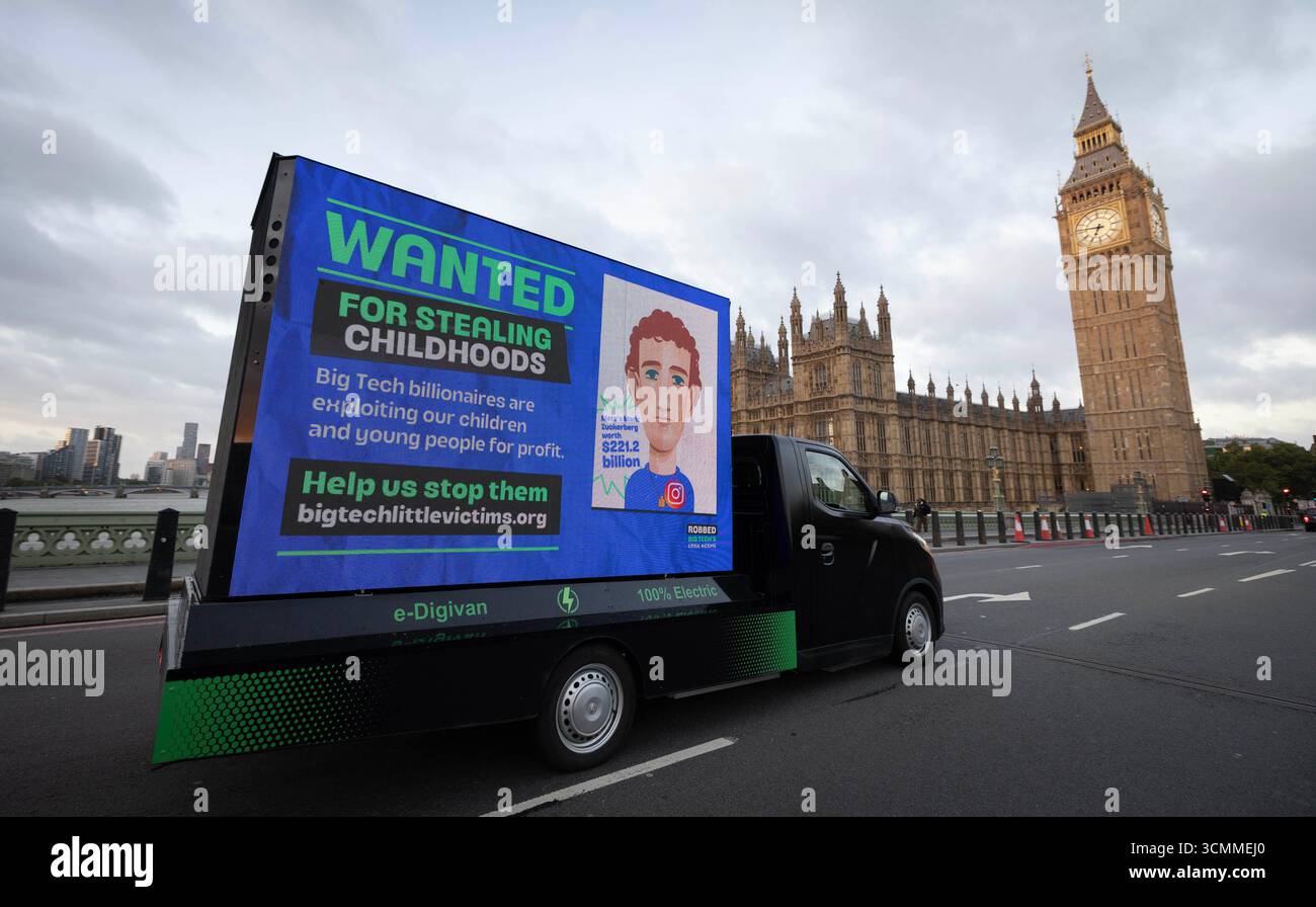 EMBARGOED TO 0001 THURSDAY SEPTEMBER 18 EDITORIAL USE ONLY General view of a digital LED ad van driving through London, displaying a 'wanted' poster of Meta CEO, Mark Zuckerberg, as part of the 'Robbed: Big Tech's Little Victim's' campaign launched by the National Education Union, which is calling on the government to raise the age of digital consent to 16 to help prevent social media companies from exploiting children. Issue date: Thursday September 18, 2025. Stock Photo