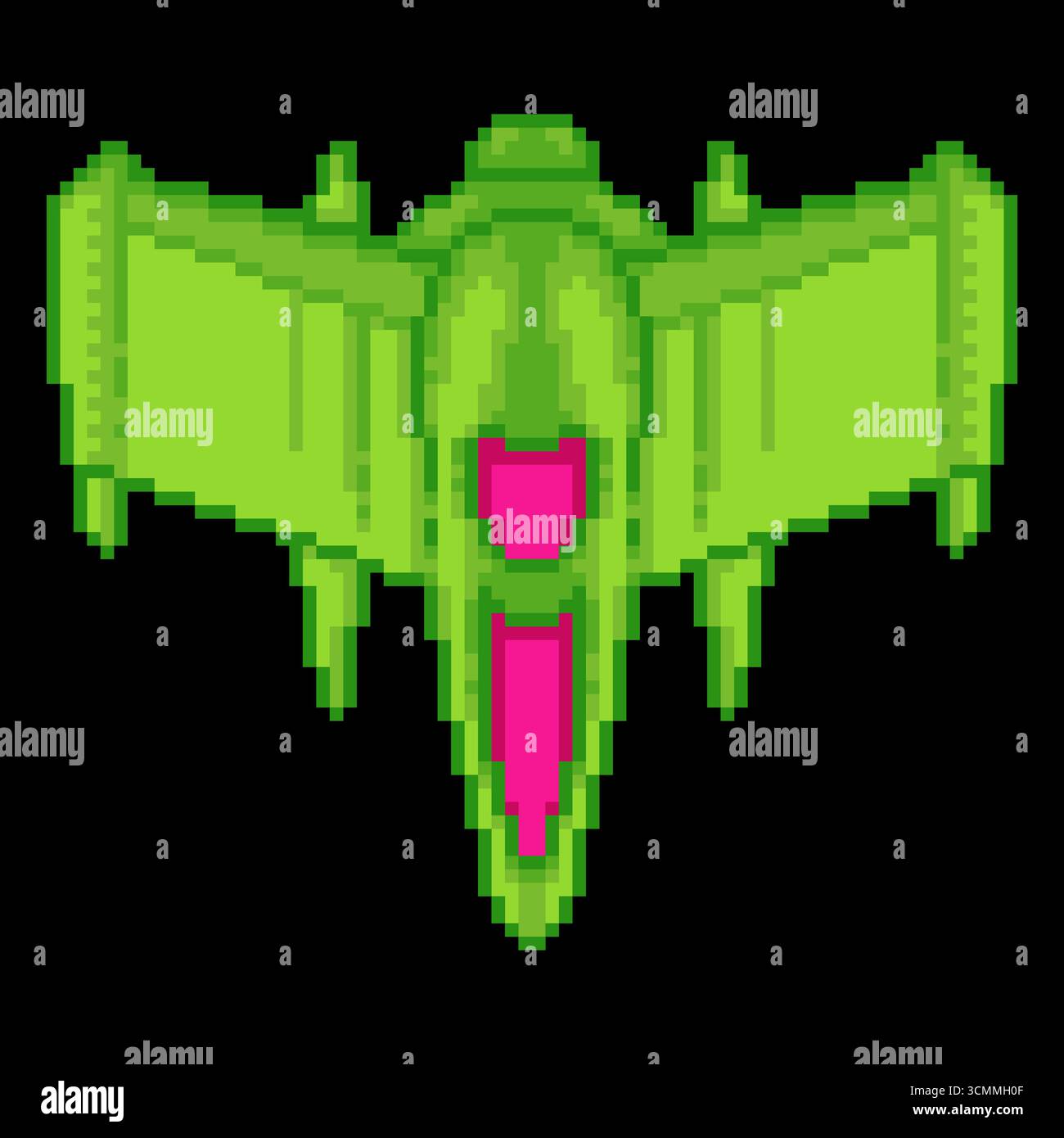 Pixel art green spaceship video game asset. 8-bit style starship vector isolated on black. Stock Vector