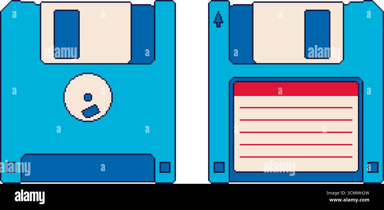 Pixel art blue floppy disks front and back view. Vector illustration ...
