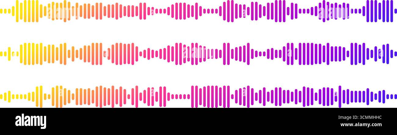 Rainbow soundwave patterns for podcast audio with radio voice and music visualization elements. Stock Vector