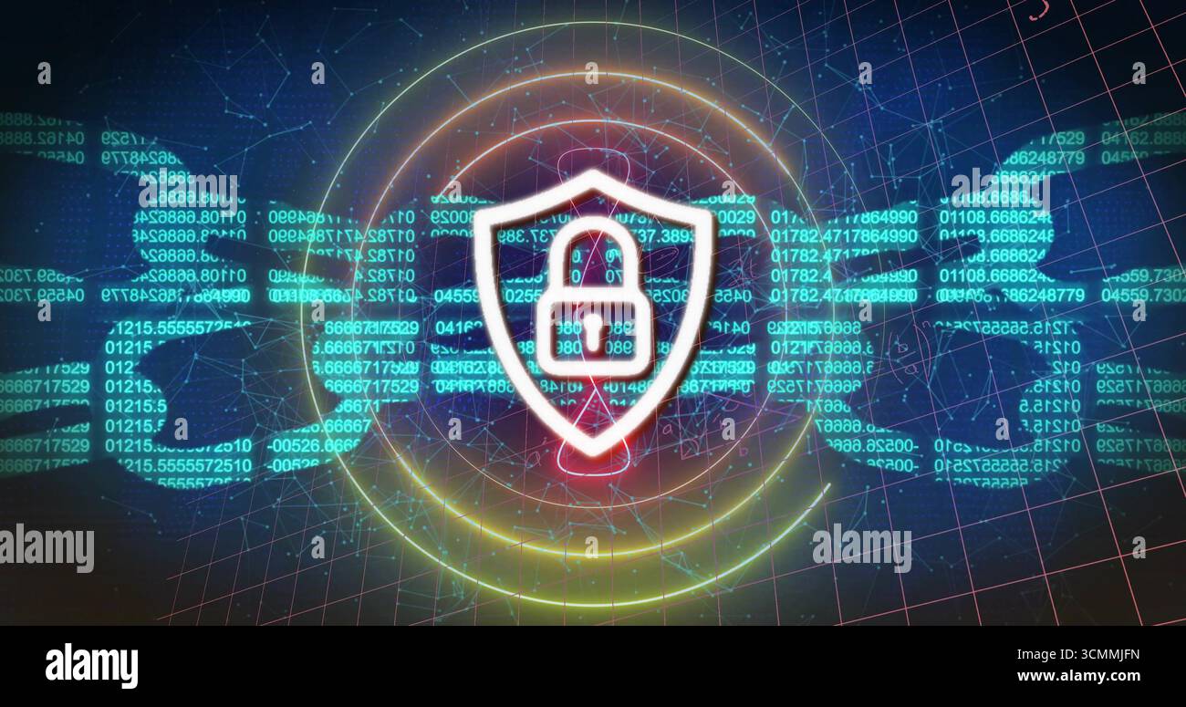Highlighting white-outlined shield with padlock icon floating on dark grid with code links, rings Stock Photo