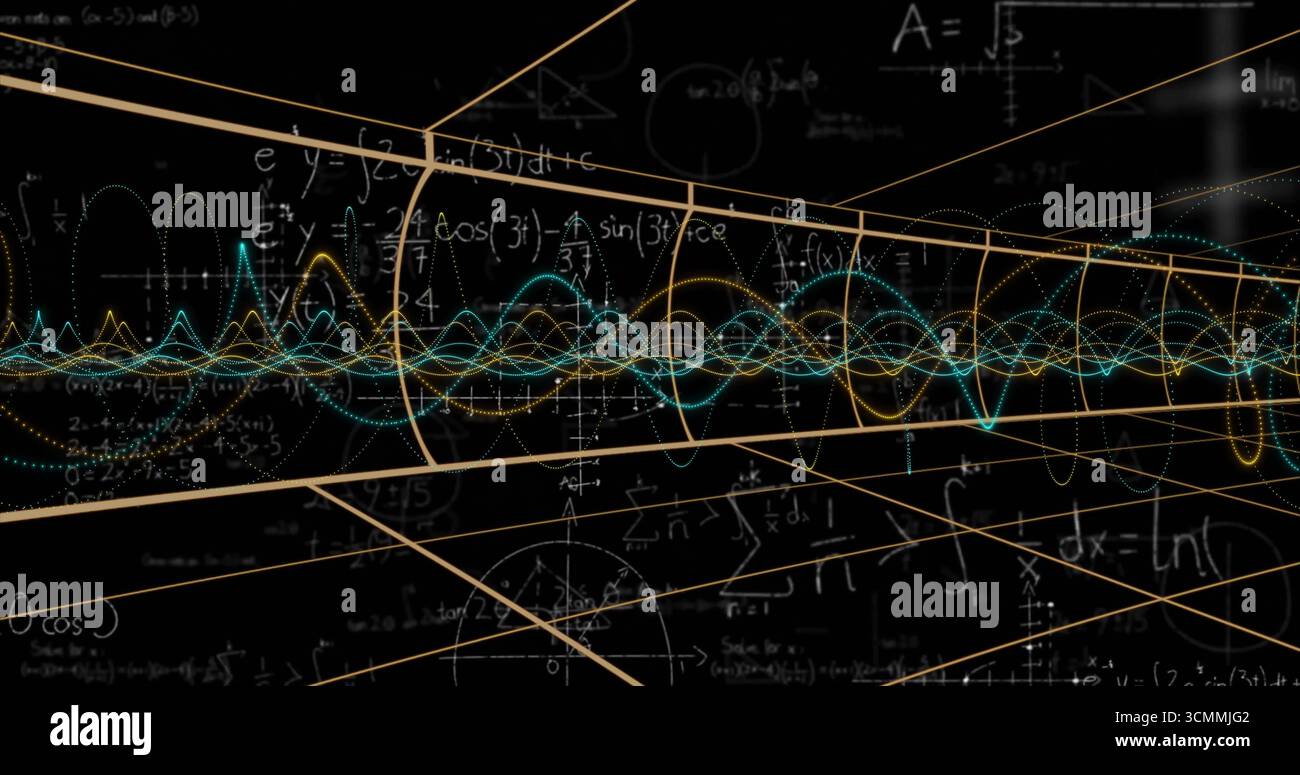 Streaming neon waveforms with floating math symbols through dark 3D ...