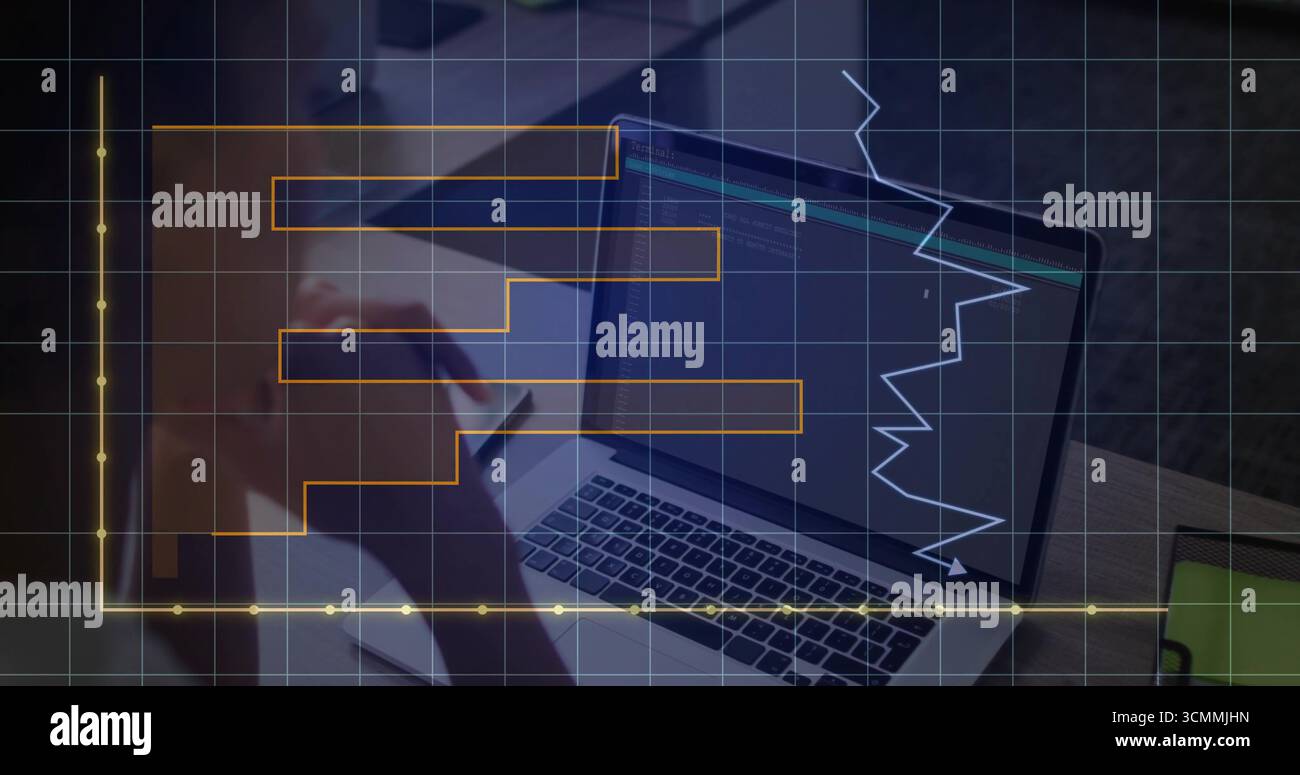 Leaning developer reviewing laptop code, graph at desk with papers and grid overlay, copy space Stock Photo