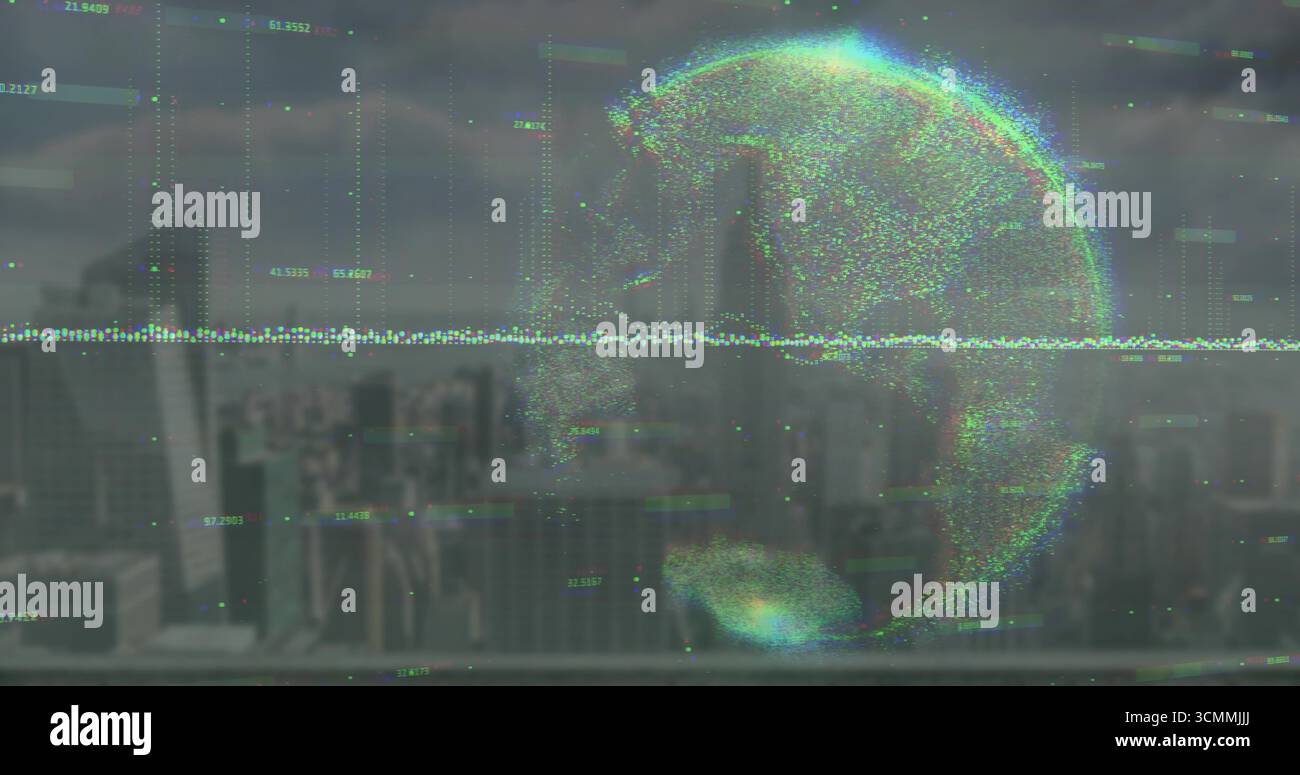 Hovering holographic globe showing data points over city skyline with numeric codes and data stream Stock Photo