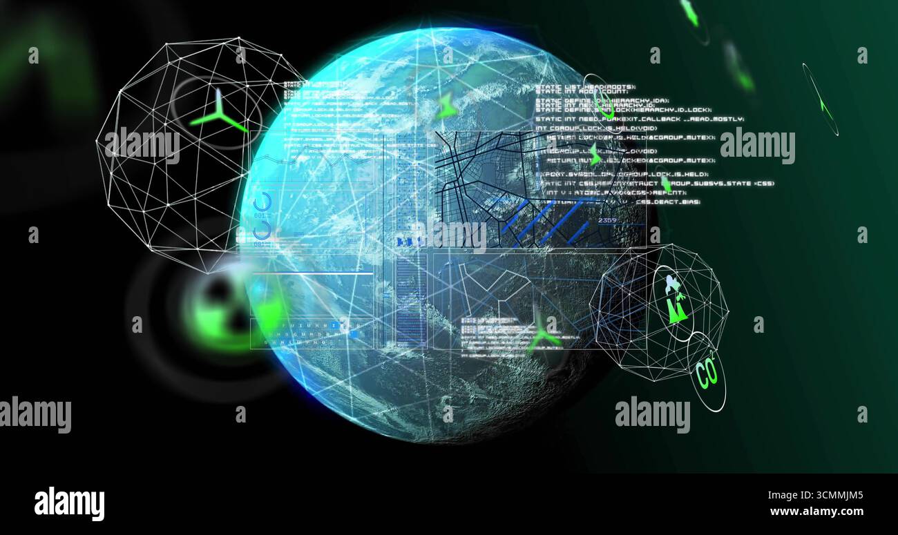 Rotating digital Earth globe in virtual data visualization environment, with code text blocks Stock Photo