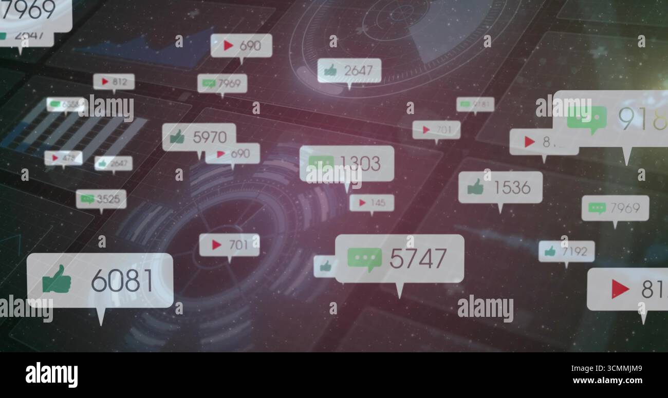 Displaying floating notification bubbles over grid interface, with HUD graphics, circuit patterns Stock Photo