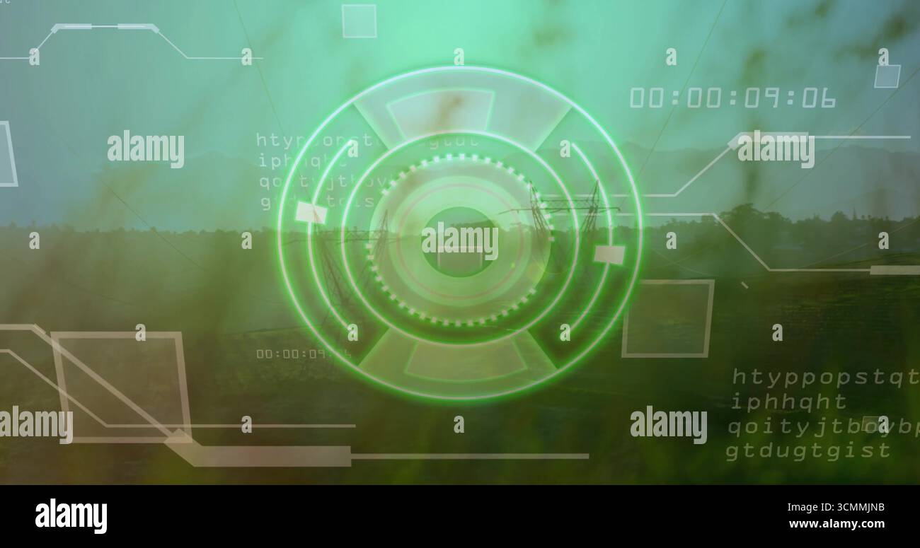 Tree Cap Interface Panel Displaying holographic circular interface over farmland and tree line ...