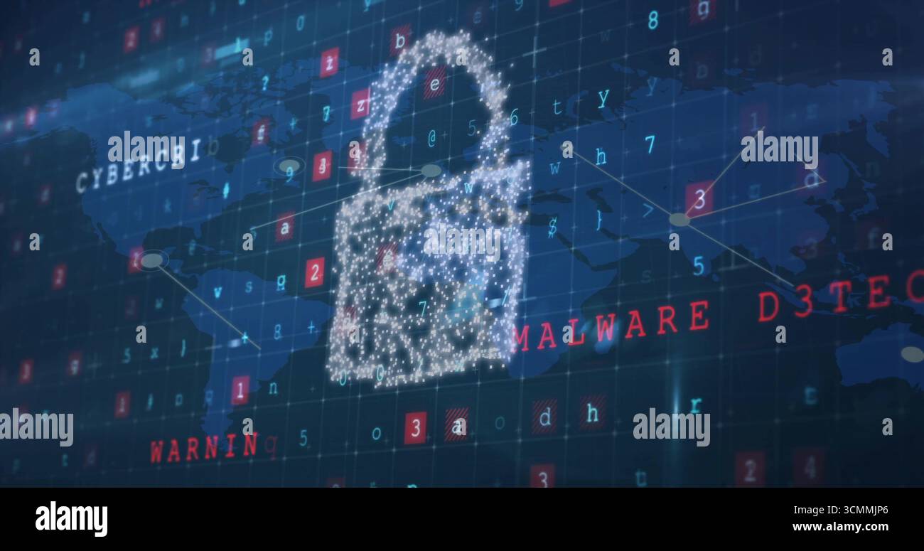 Hovering glowing padlock icon over security interface grid, with map overlay and red warning labels Stock Photo