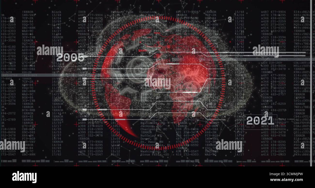 Displaying red digital globe scanning dot clusters and hex nodes with code at 2005-2021 on screen Stock Photo