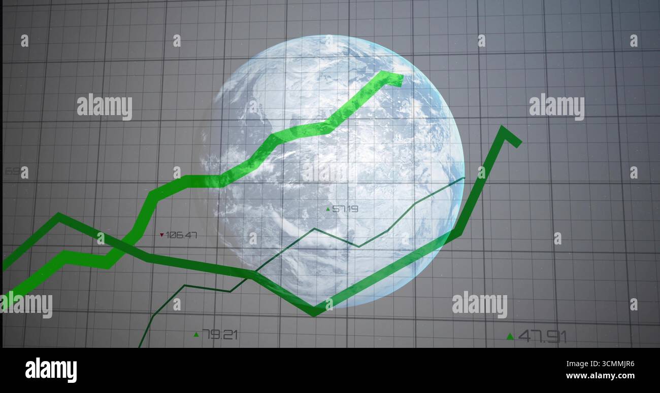 Displaying bold, thin green trend lines traversing Earth globe on grid display, with numeric labels Stock Photo
