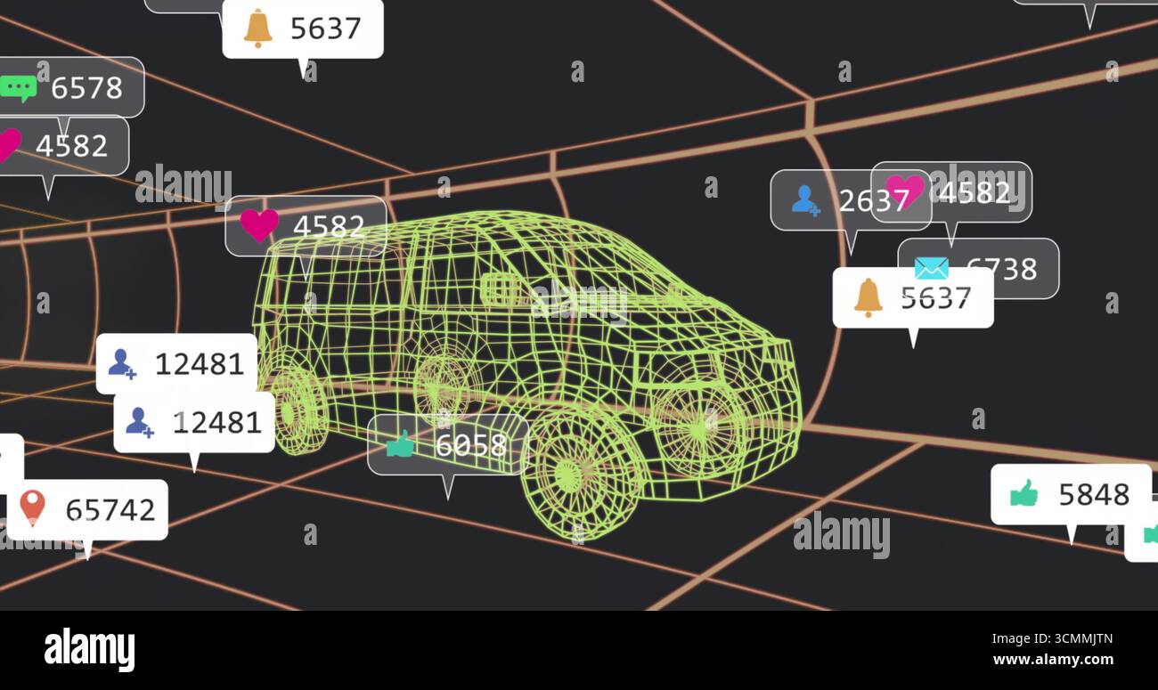 Displaying neon green wireframe SUV model within dark grid room, with floating notification bubbles Stock Photo