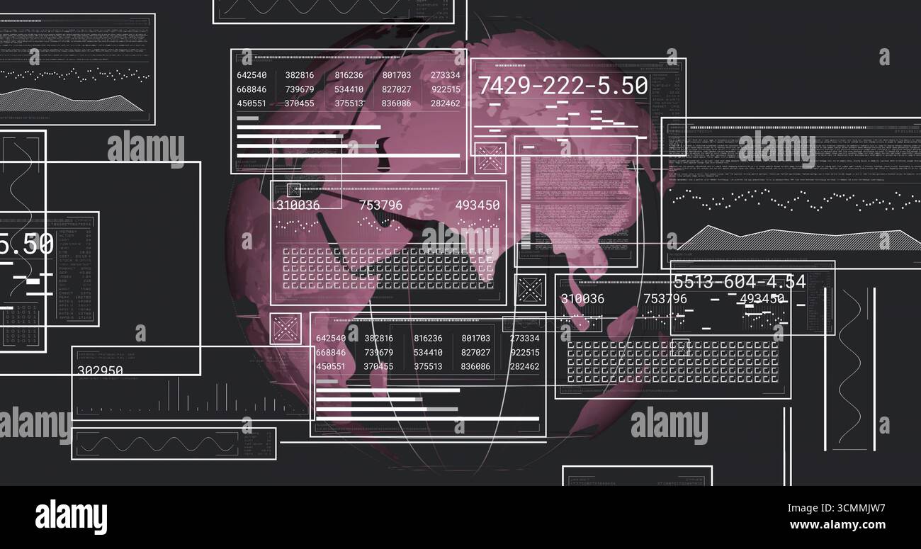 Rotating stylized pink world globe on dashboard, with white UI panels displaying numeric data grids Stock Photo