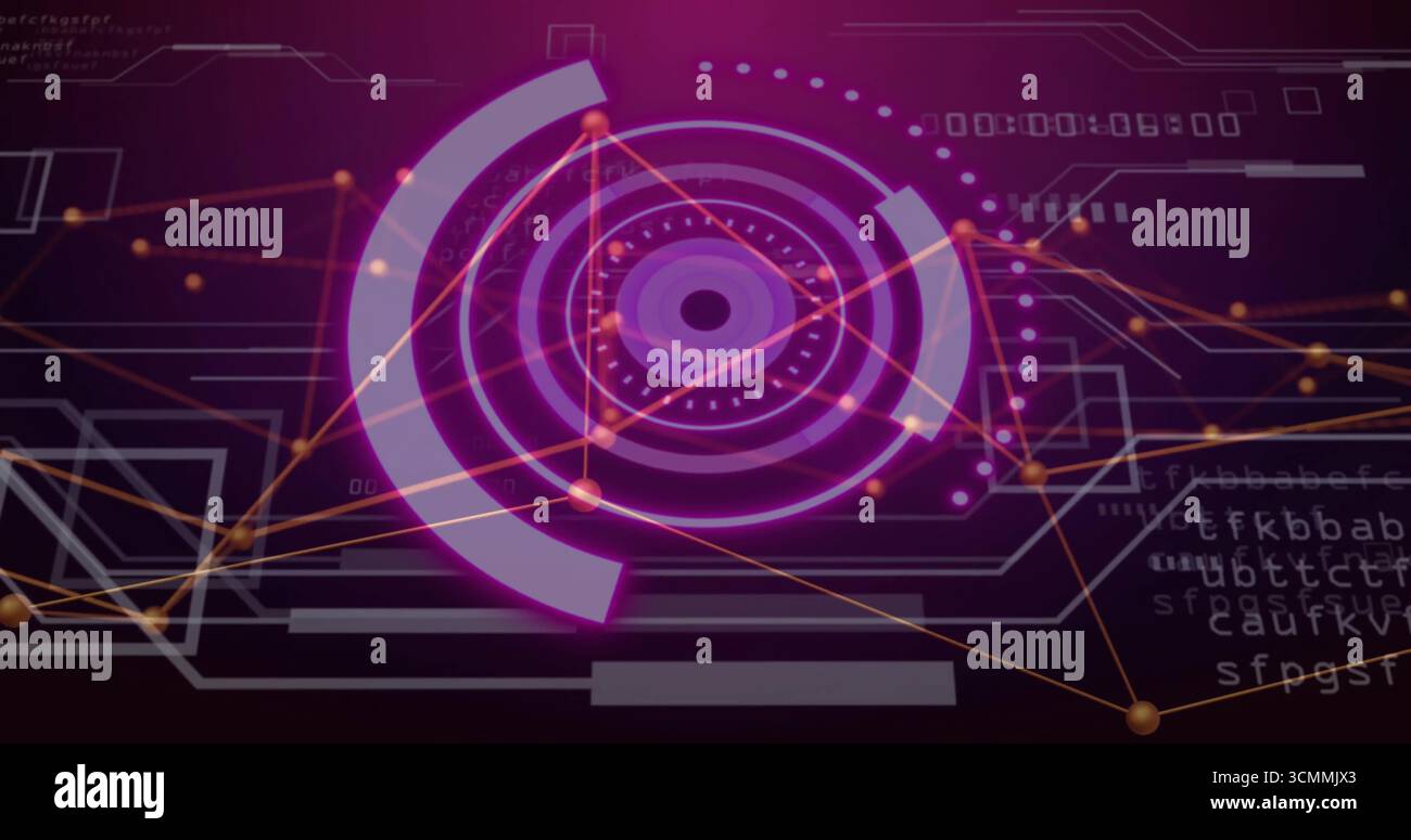 Displaying neon-purple concentric circular HUD on screen, with arc segments and floating code Stock Photo