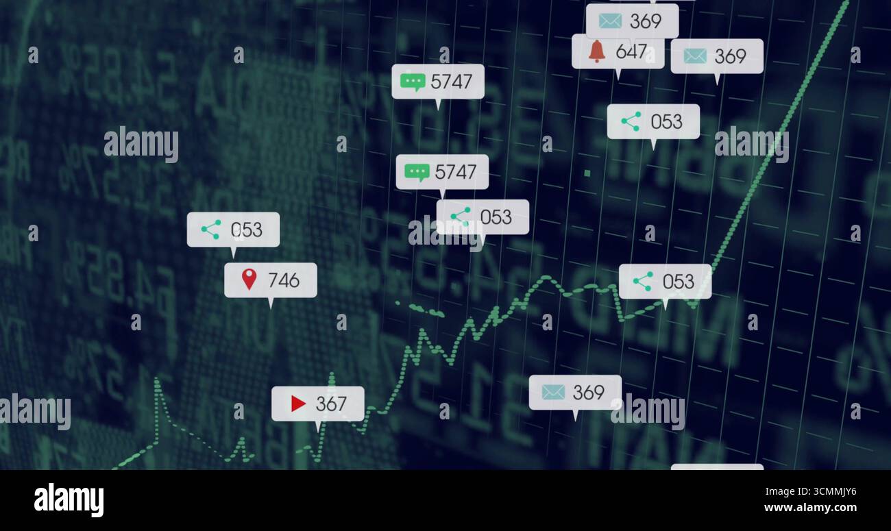 Showing green ascending line chart at trading dashboard, floating notification icons with counts. Finance, analytics, dashboard, data visualization, t Stock Photo