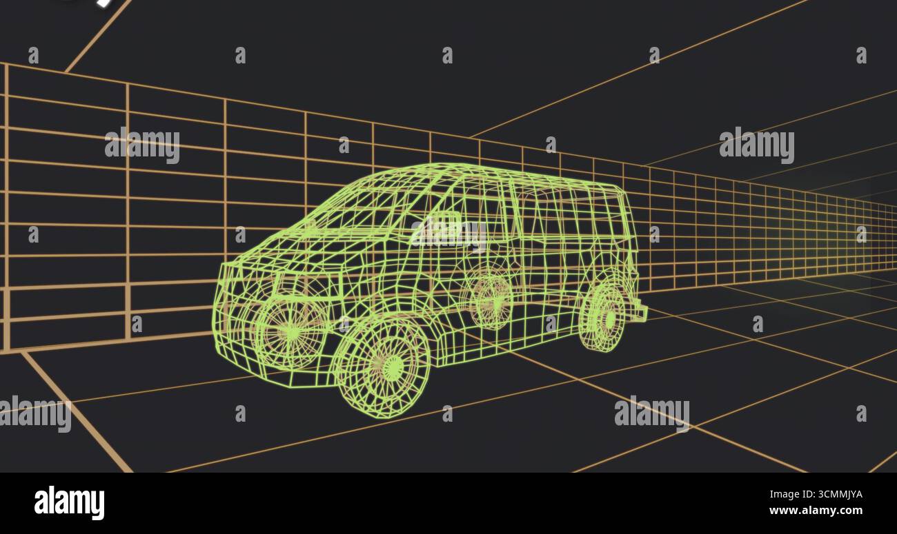 Displaying neon green wireframe passenger van model floating within orange grid-lined 3D workspace Stock Photo