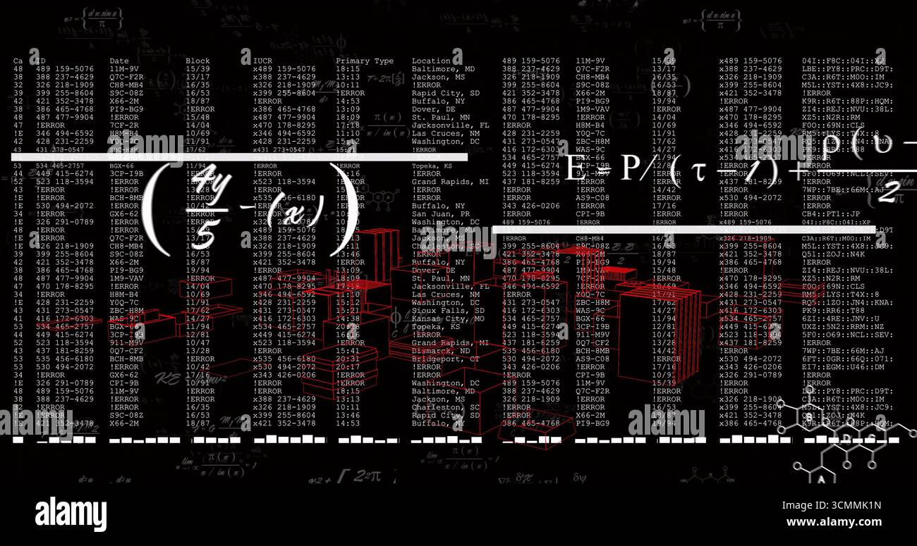 Displaying error log data in virtual dashboard with overlaid formulas and wireframe building models Stock Photo
