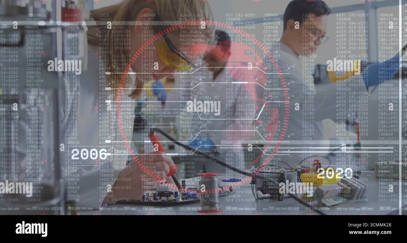 Testing engineer in lab coat probing circuit board at lab bench, with code overlay HUD 2006-2020 Stock Photo
