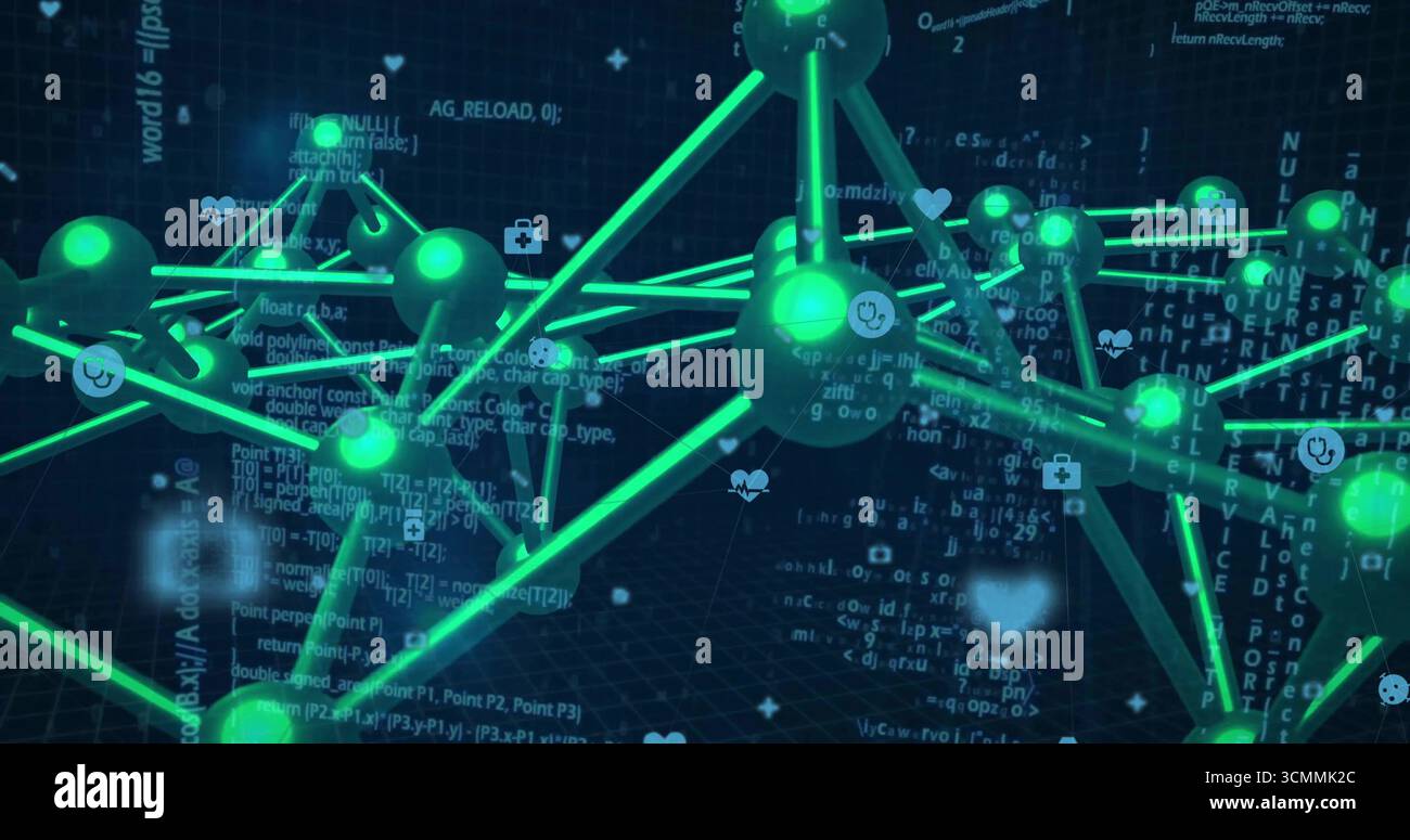 Displaying network connecting green spherical nodes in data network, with code and medical icons Stock Photo