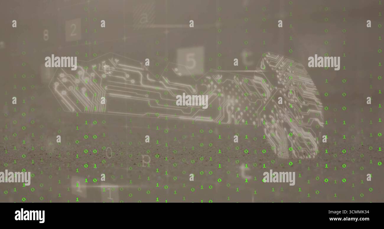 Floating circuit board pattern amid green binary digits, showing faint numeric panels in cyberspace Stock Photo