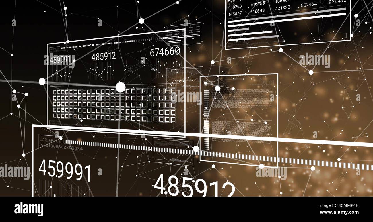Displaying abstract data visualization in digital network simulation with panels, connecting nodes Stock Photo