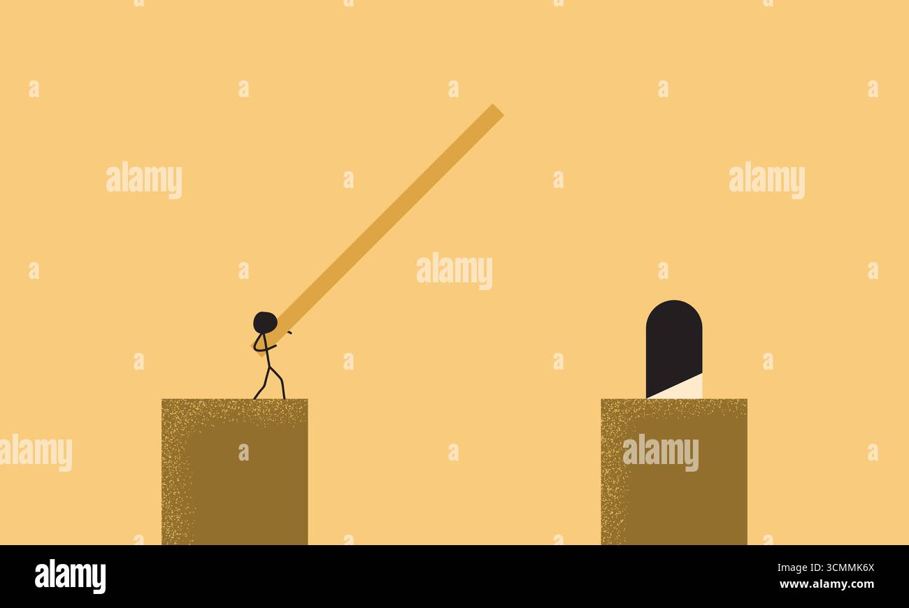Minimal Stick Figure Artwork of a Man Trying to Cross a Cliff Using a Wooden Plank to a Door on the Next Cliff Stock Vector