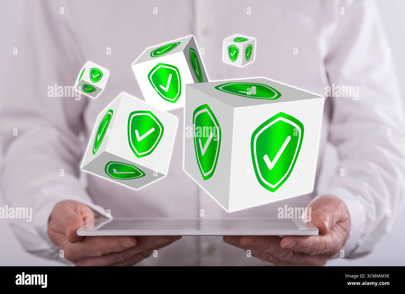 Validation concept above a tablet held by a man in background Stock Photo