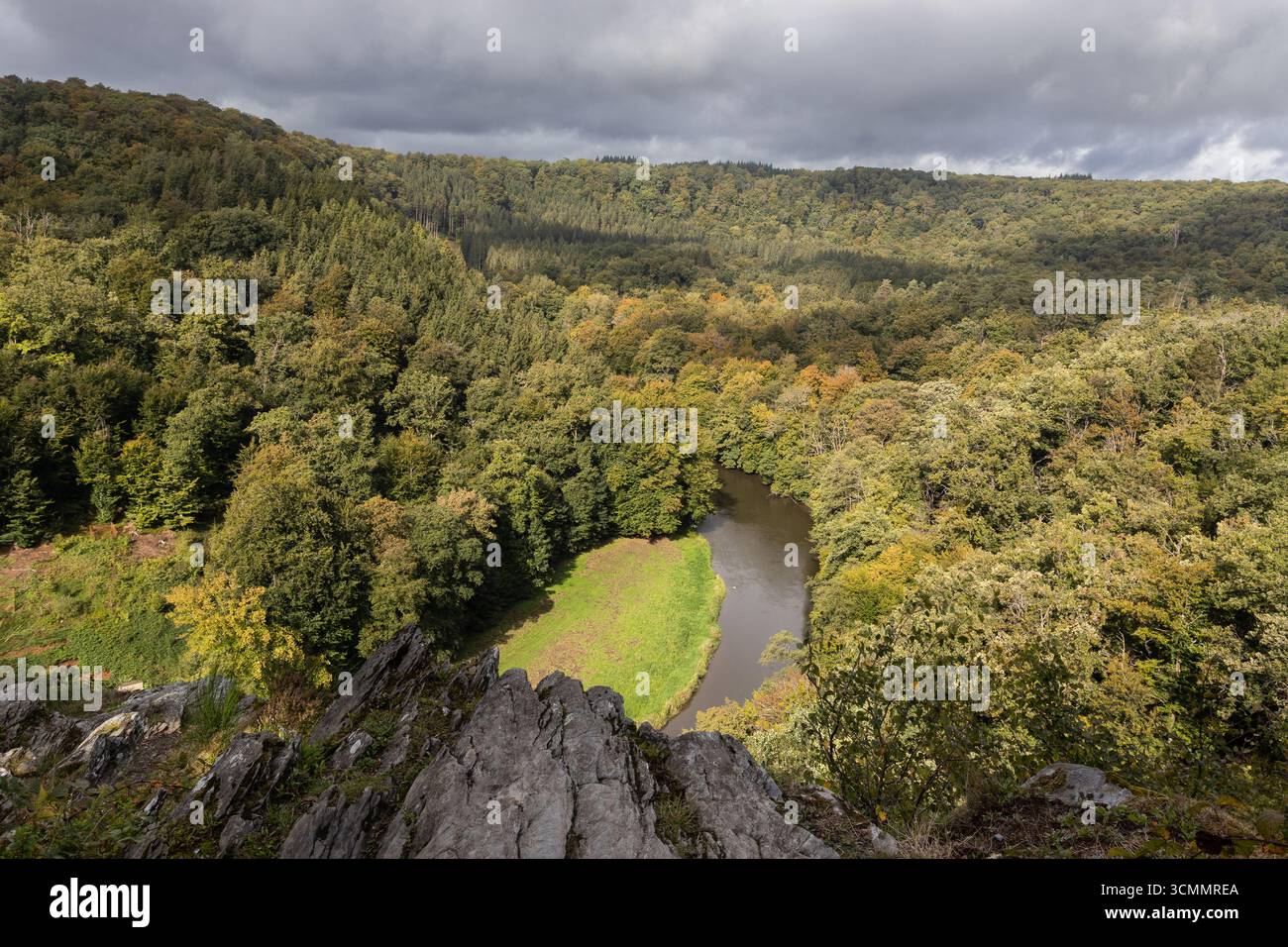 Beautiful early autumn view from the famous viewpoint over the Semois Valley, Rocher du Hat. Situated near Chiny in the Ardennes department of Souther - Stock Image
