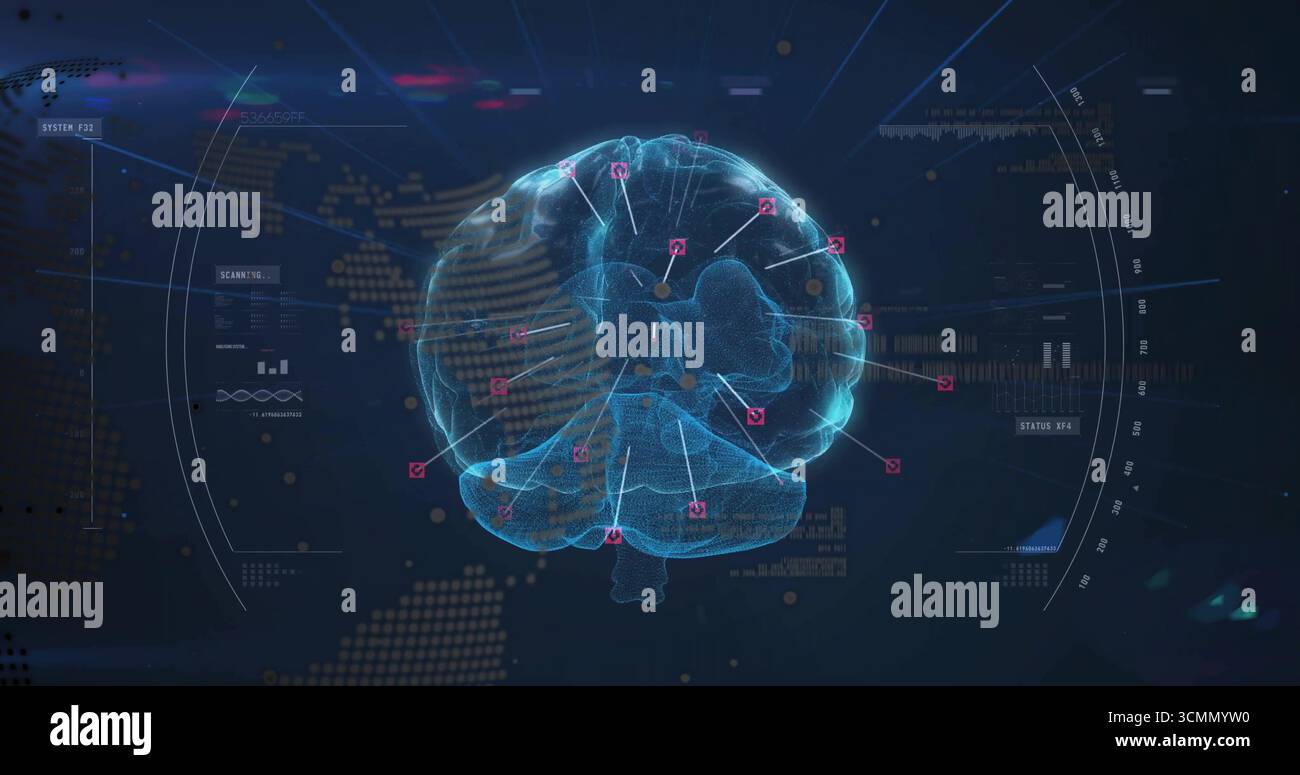 Displaying 3D holographic brain model marking red node points with white lines in digital display Stock Photo