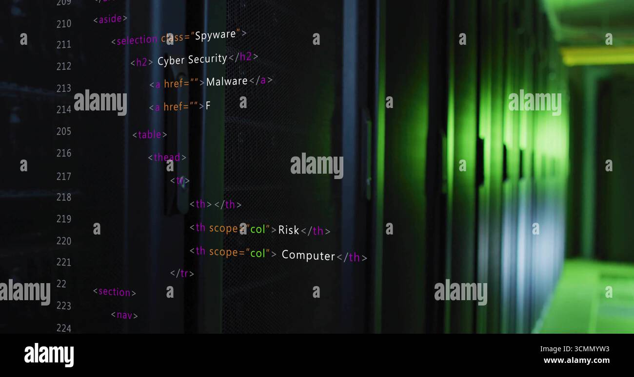 Glowing server racks displaying green LEDs in data aisle with raised tiles, floating code overlay Stock Photo