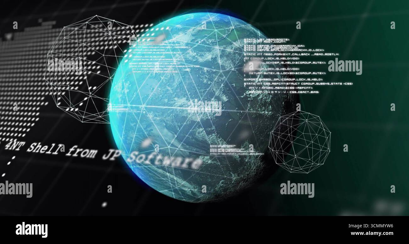 Floating 3D globe rotating in dashboard, displaying NT Shell from JP Software plus code Stock Photo