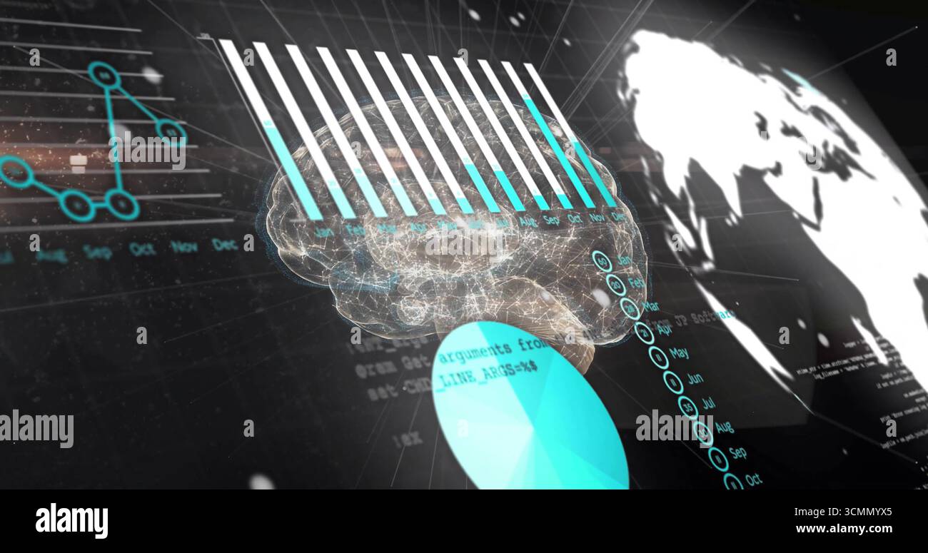 Floating 3D brain rotating in digital interface, with bar and line charts, pie chart, world map Stock Photo