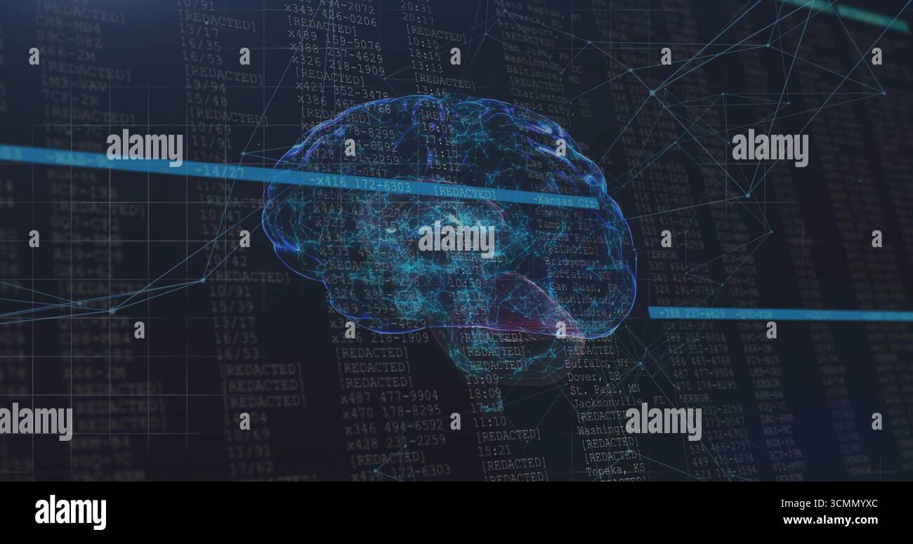 Floating 3D brain hologram pulsing in dark code field showing highlighted data bars, network nodes Stock Photo