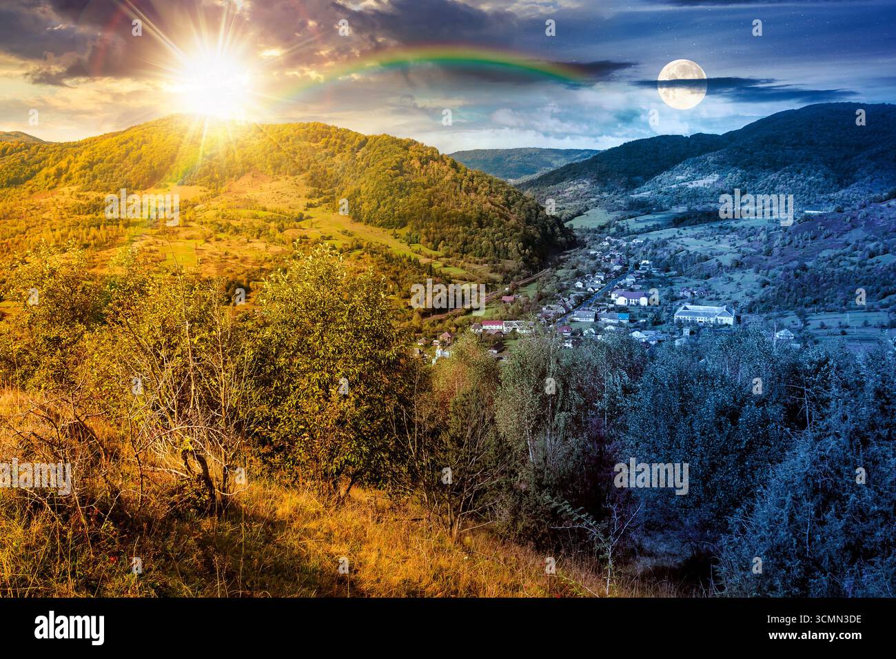 autumn equinox landscape in mountains. beautiful view of countryside. day and night time change concept. alps in the background. cloudy sky. picturesq Stock Photo