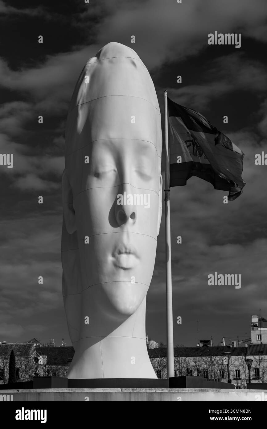 Madrid, Spain - FEB 19, 2022: Modern sculpture titled Julia by Jaume Plensa Sune located at the Plaza de Colon in Madrid, Spain. Stock Photo
