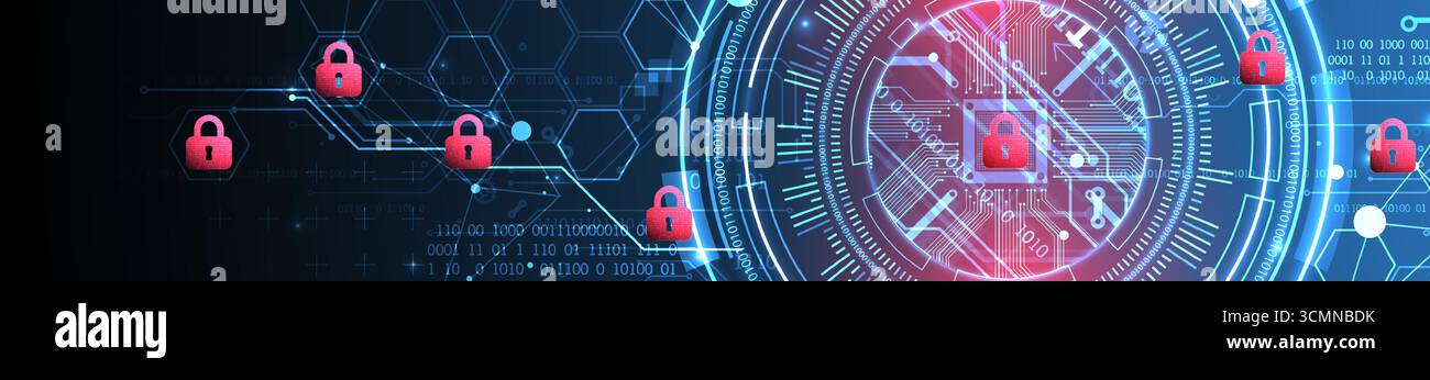 Abstract technological background on the topic of information protection. Various technological elements with padlocks inside which is a digital code. Stock Vector