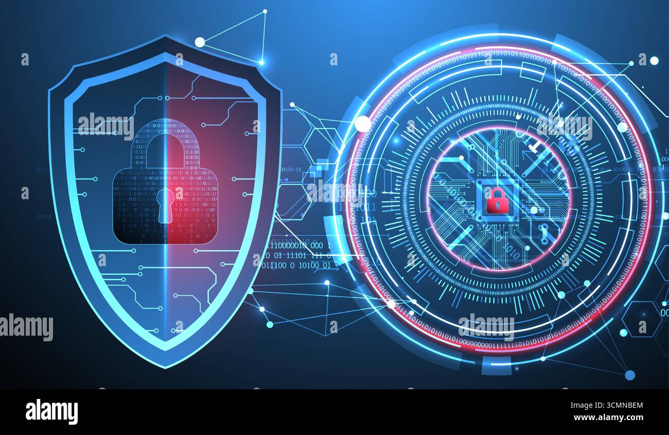 Abstract technological background on the topic of information protection. Various technological elements with padlocks inside which is a digital code. Stock Vector