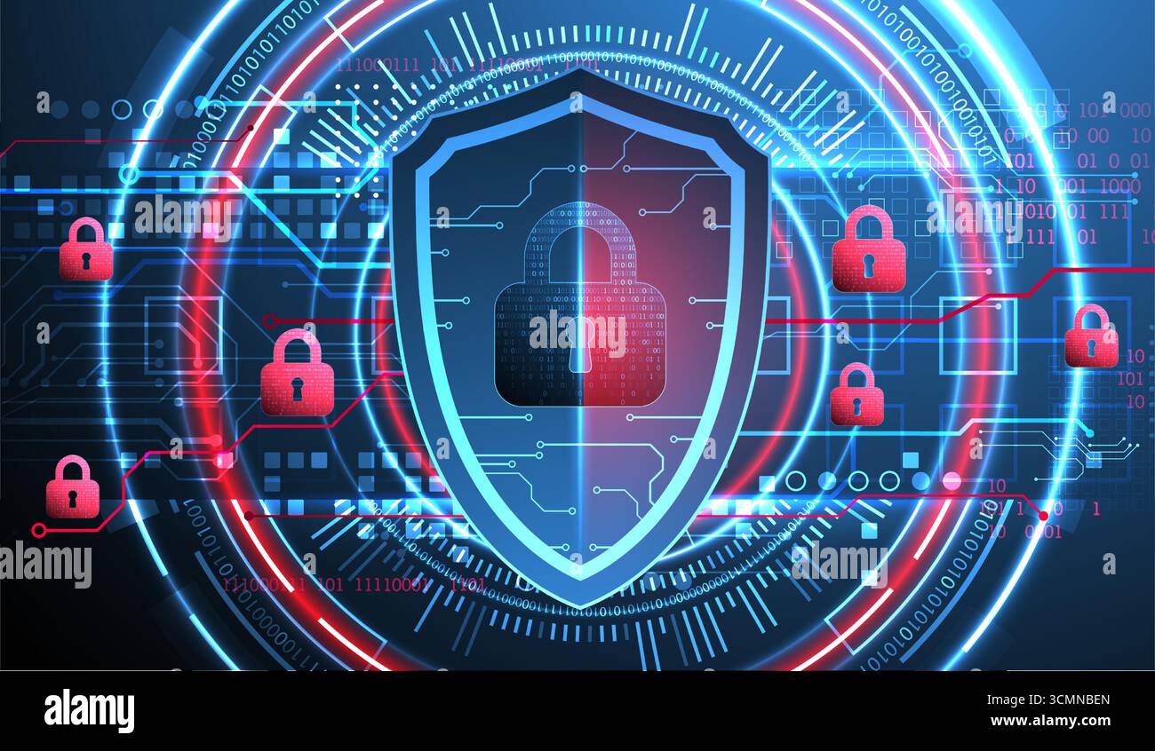 Abstract technological background on the topic of information protection. Various technological elements with padlocks inside which is a digital code. Stock Vector