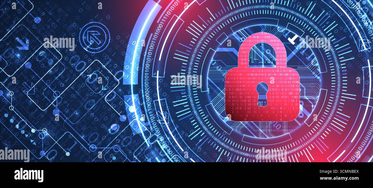 Abstract technological background on the topic of information protection. Various technological elements with padlocks inside which is a digital code. Stock Vector