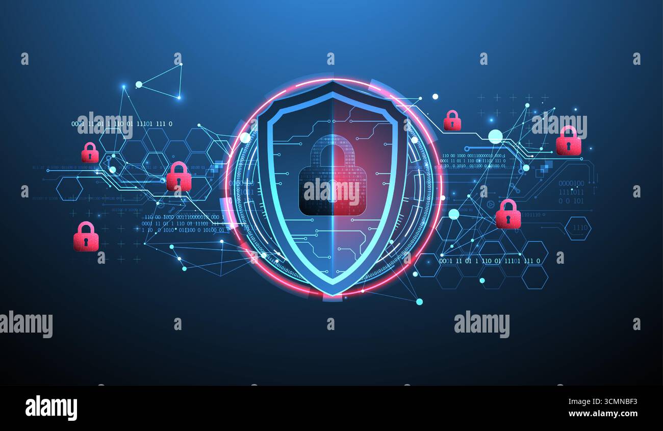 Abstract technological background on the topic of information protection. Various technological elements with padlocks inside which is a digital code. Stock Vector