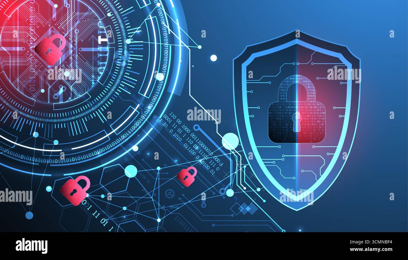 Abstract technological background on the topic of information protection. Various technological elements with padlocks inside which is a digital code. Stock Vector