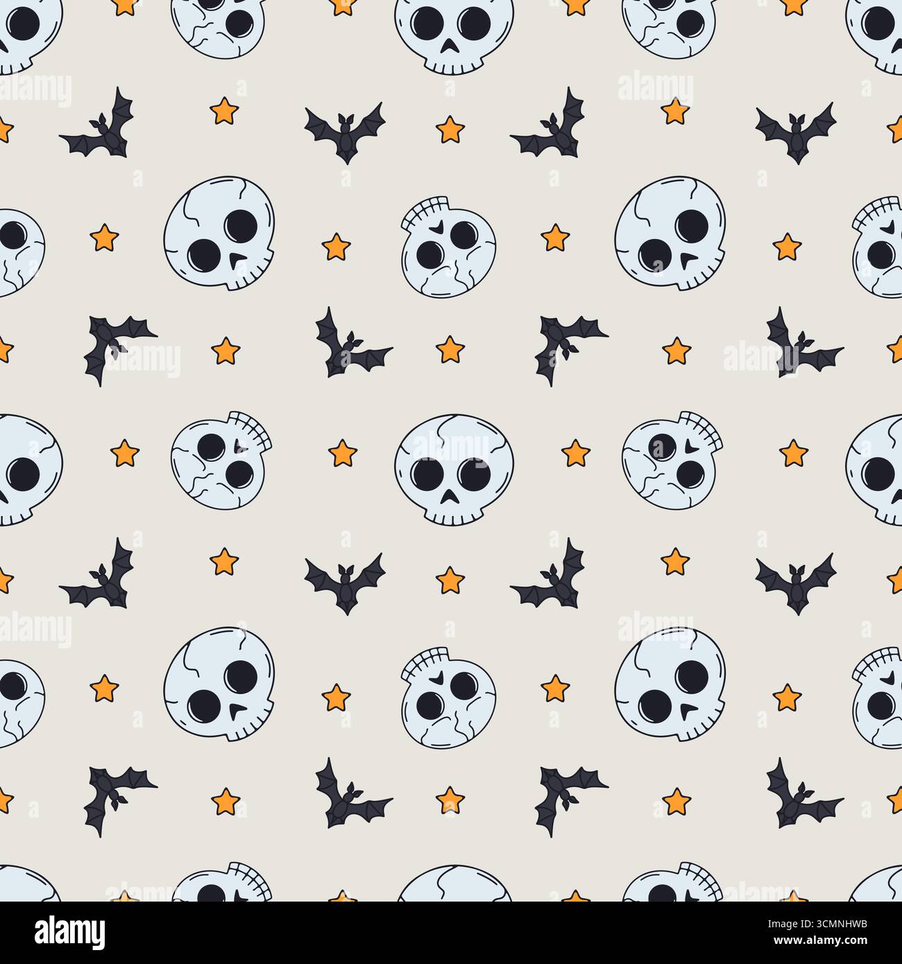 Seamless pattern with cute hand drawn Halloween skulls Stock Vector
