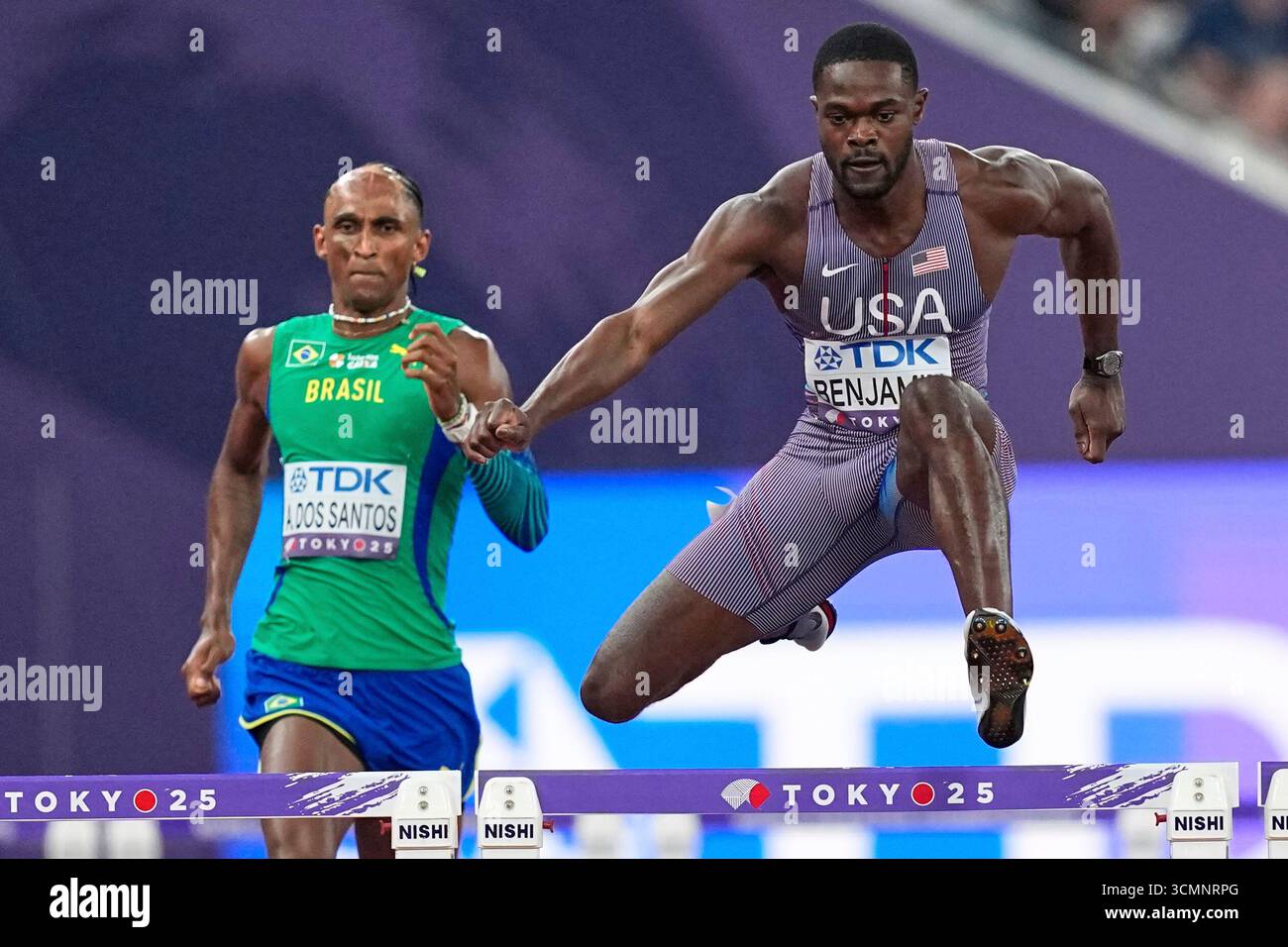 United States' Rai Benjamin races ahead of Brazil's Alison Dos Santos ...