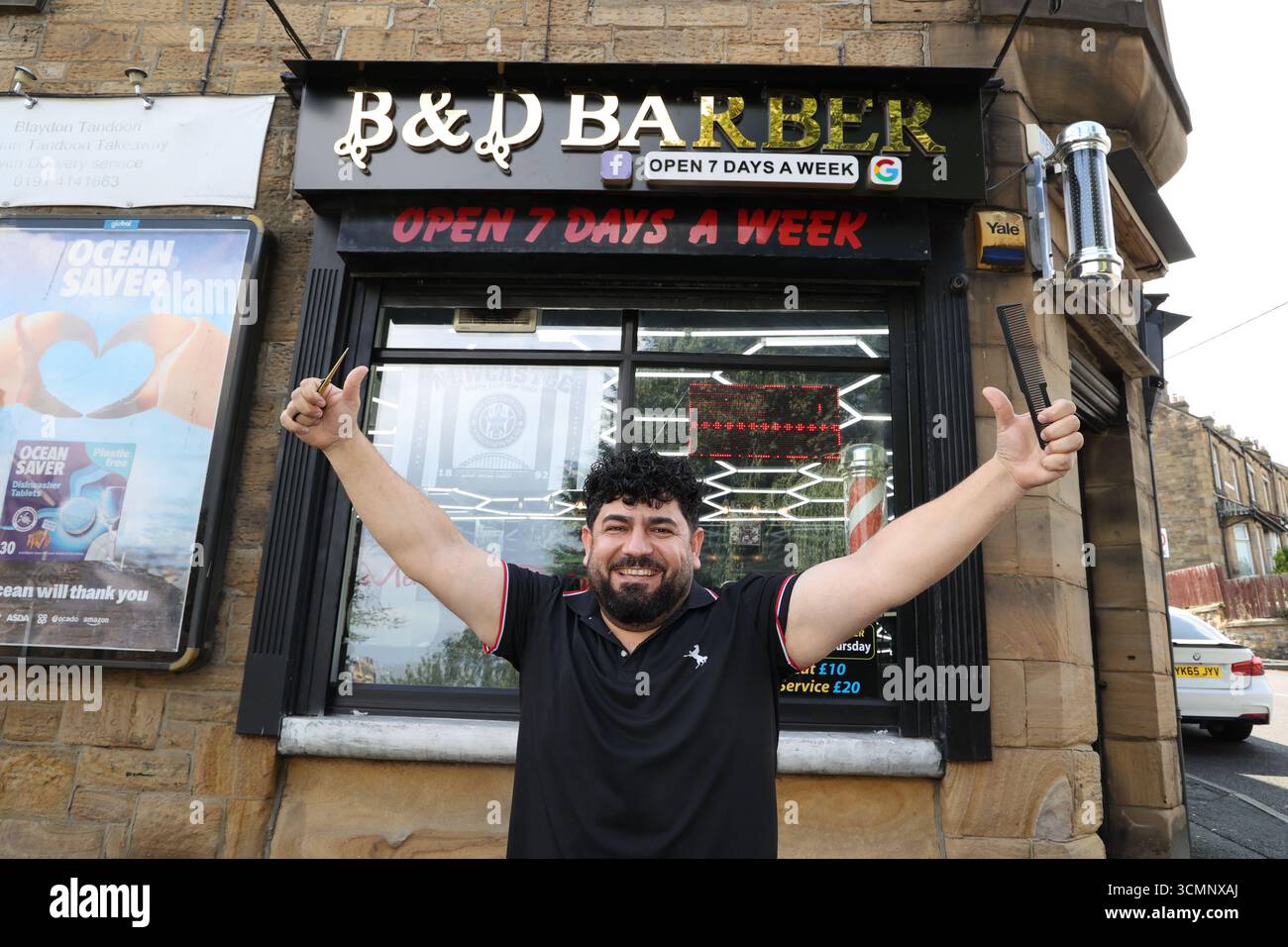 Ali Kurbani at B&D Barbers in Blaydon, Gateshead, whose famous client is  Ibiza Bob, real name Jack Kay, dubbed the Ibiza Final Boss Stock Photo -  Alamy