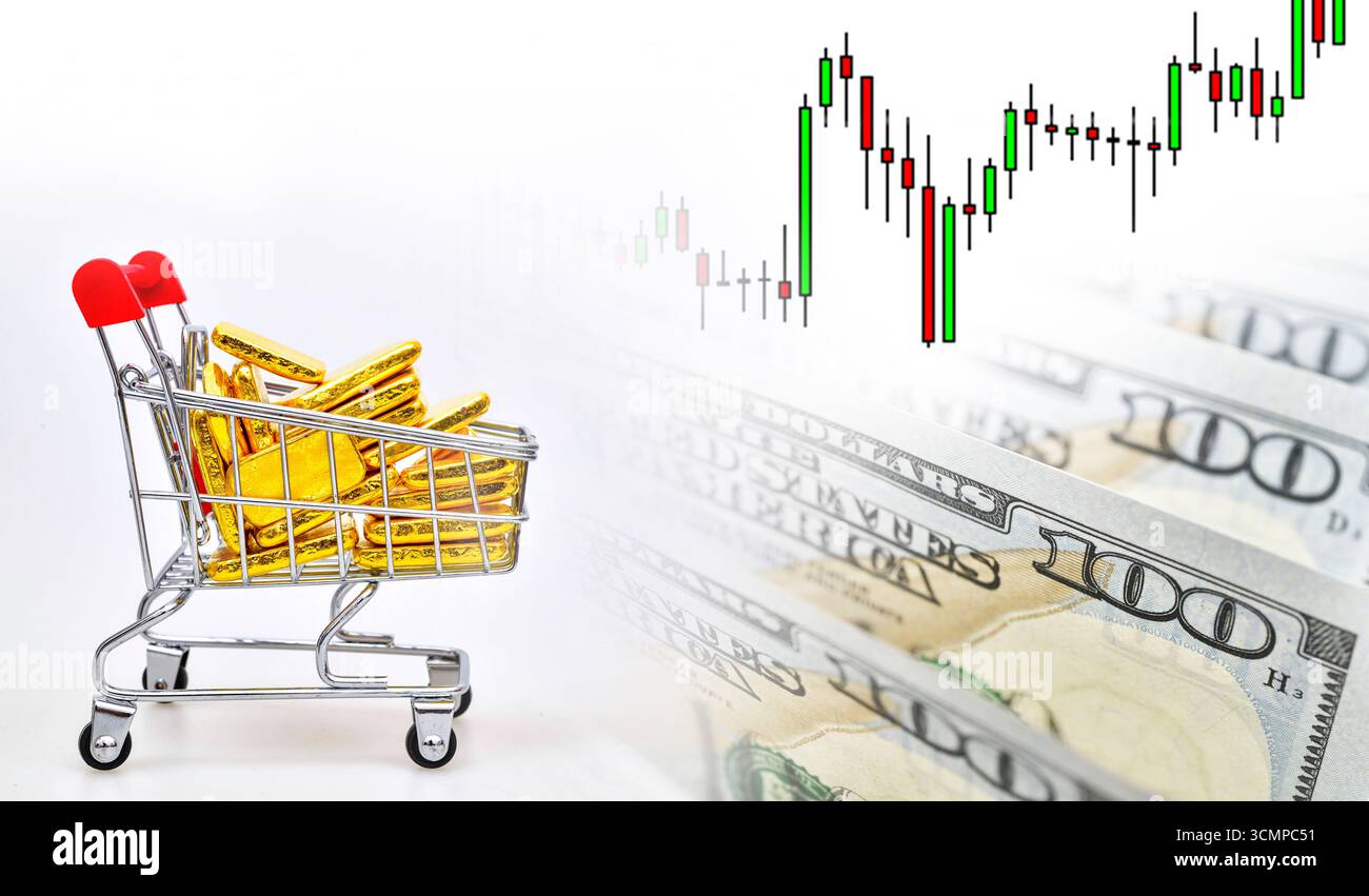 Gold bars in shopping with cart candlestick chart and US dollar bill banknotes on white background. online concept asset commodity trading or buy gold Stock Photo