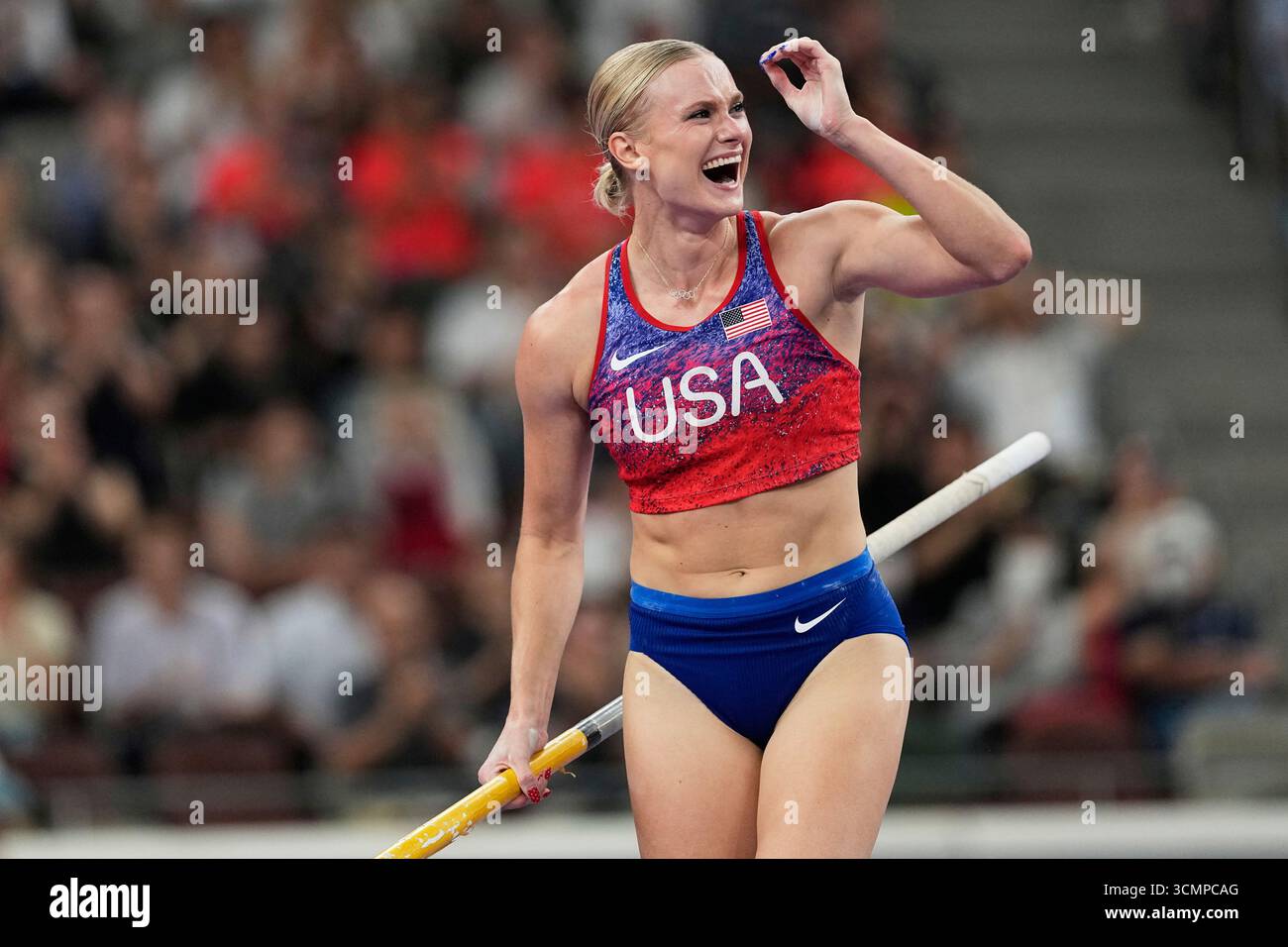 United States' Katie Moon reacts after winning the women's pole vault ...