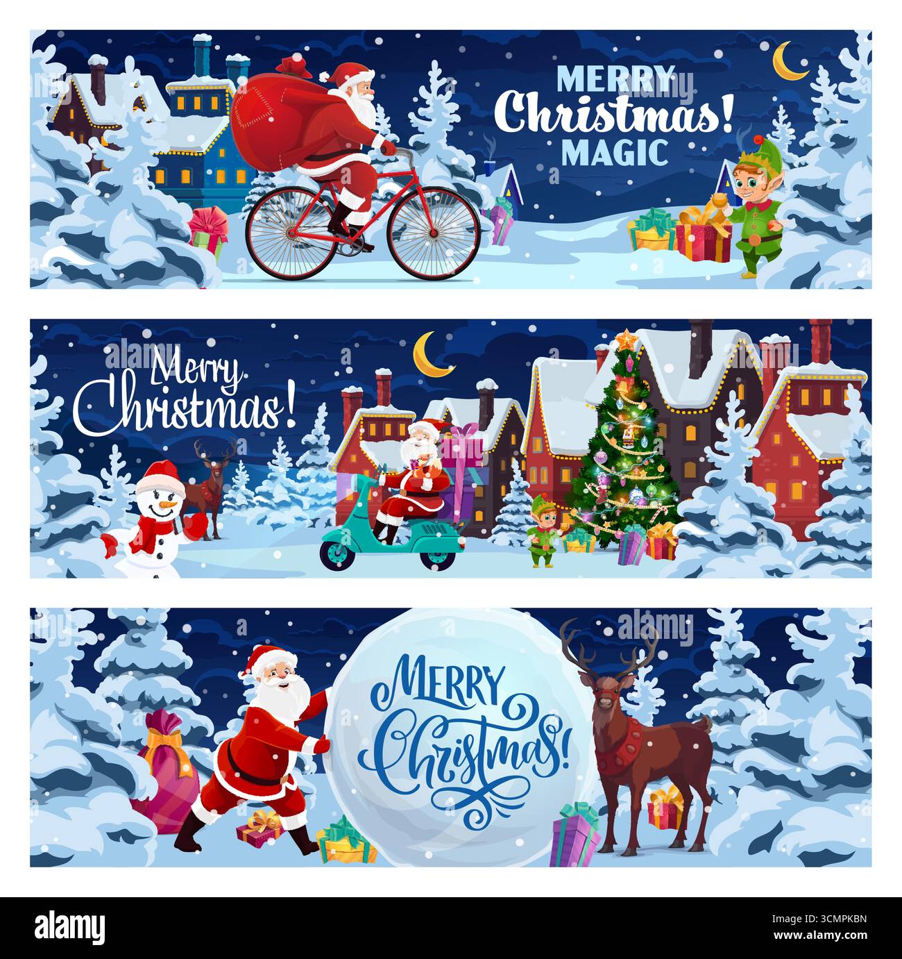 Christmas holiday banners with funny Santa Claus character riding a ...