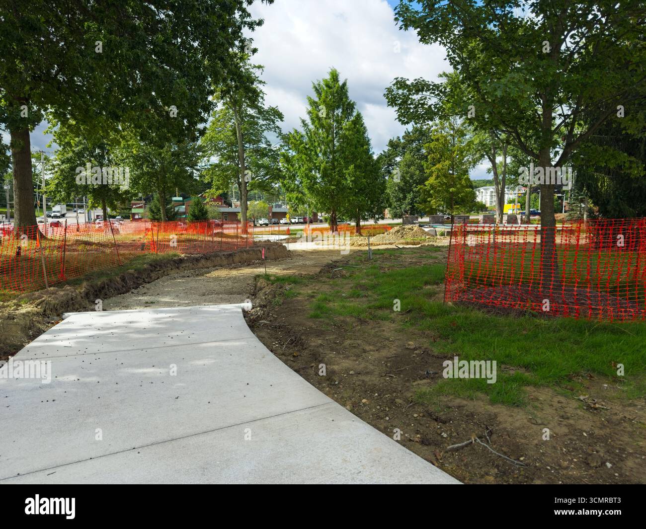 A partially finished walkway, part of the town square's ongoing