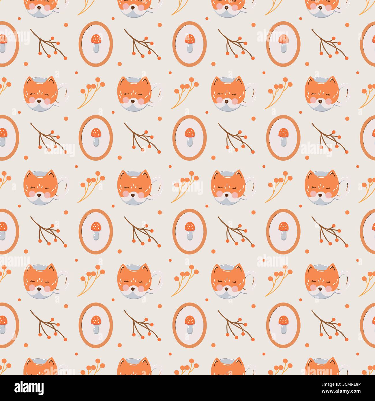 A cute autumn vector pattern with a fox mug, mushroom frames, forest branches, and berries. A cozy seamless background. Flat illustration in warm tones on a beige background. Stock Vector