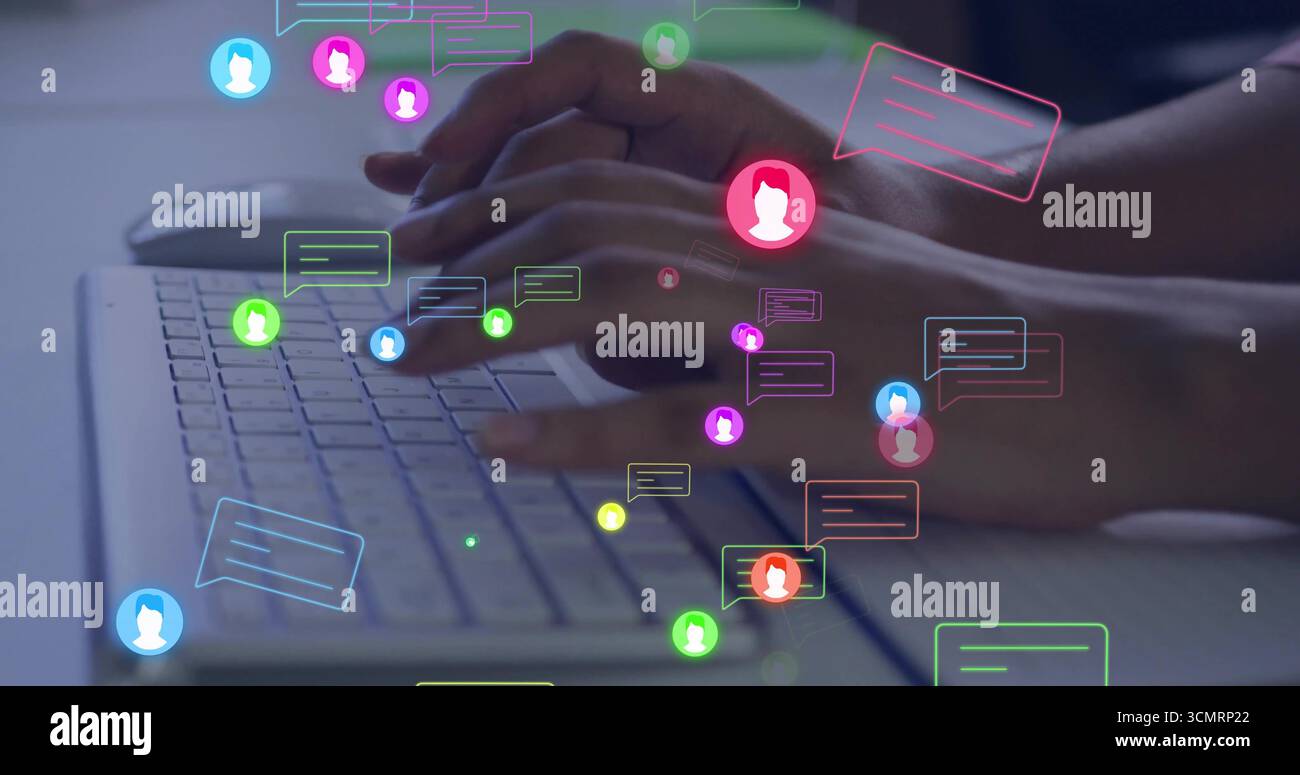 Typing female hands pressing keys on laptop keyboard at desk, with chat ...